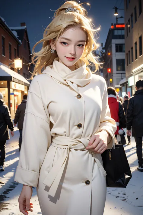 masterpiece, best quality, 1girl, shiny skin, cinematic lighting, medium breasts, looking at viewer, messy hair, blonde hair, yellow eyes, solo, autumn, outdoors, smile, (a pale flush, alive skin),  winter, ribbed, walking, city, shopping, dynamic angle, close-up, ultra-detailed, 8k, rtx, ambient occlusion, rim lighting, bustling,a fashion influencer,winter outfit,snowy,winter,cold,Muffler  , (((The streets at night were all in the Christmas spirit.))), (grinning, smiling with eyes, open mouth)