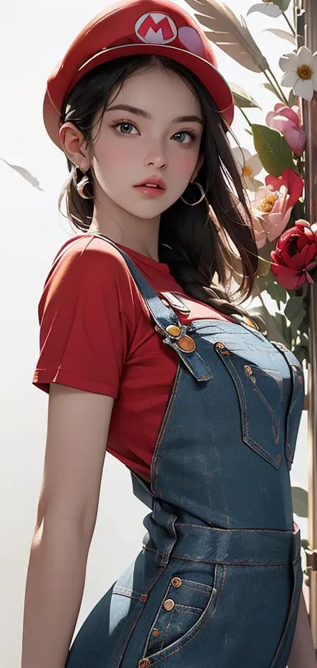 ((masterpiece, best quality)), (((masterpiece, best_quality, highest quality))), (perfect detail, perfect skin:1.2),(highres), original,extremely detailed 8K wallpaper,(an extremely delicate and beautiful),incredibly_absurdres, intricate detail, distinct_image,extremely intricate,(detailed skin:1.3) , best quality:1.2, High definition, intricate details, finely detailed, beautiful detailed, high detailed skin, ((glossy skin)), shiny skin, (white skin:1.3), (pale skin:1.3),(natural light,  ray tracing, volumetric light), (top quality), (golden-ratio face, perfect proportioned face, perfectly beautiful:1.3), (reflected diffuse light to face:1.3), (peer proportional face), (peer proportional body, proportional awesome body:1.3), parted lips, ((presenting)), (perfect anatomy, correct limb, correct finger), ((looking at viewer, eye contact)),((eye contact)),(cowboy shot:1.5),(masterpiece, top quality, best quality, photorealistic, official art, beautiful and aesthetic:1.2),(1girl,  illustration),extremely detailed,(fractal art:1.1),(colorful:1.1),(flowers:1.3),highest detailed,(zentangle),(dynamic pose),(abstract background:1.3),(many colors:1.4),(feathers:1.5),(standing, dynamic pose:1.3, dynamic standing:1.3),short shorts, 
1 sexy girl, blue eyes, (red_cap),(white_gloves:1.2),(red t-shirt:1.2),(Blue denim overalls:1.2),(leather shoes),(super mario:1.5),white gloves, crop top,Big breasts,
jumping, white background,