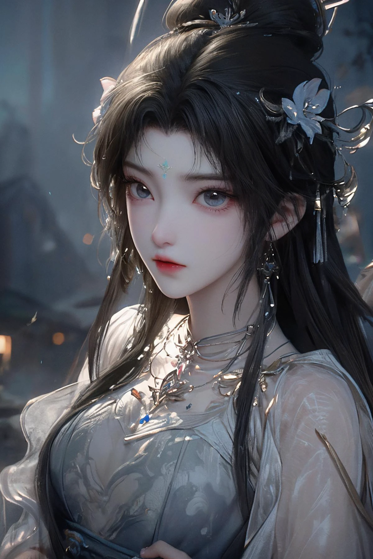<lora:QingYi:1>,qingyi,1girl,jewelry,hair ornament,earrings,solo,long hair,sky,night,necklace,dress,upper body,forehead mark,hair bun,black hair,facial mark,white dress,night sky,expressionless,blurry background,single hair bun,blurry,closed mouth,chinese clothes,hair flower,flower,<lora:MoXinV1:0.2>,shuimobysim,wuchangshuo,bonian,zhenbanqiao,badashanren,<lora:wrenchmandarincharm:0.1>,wrenchmandarincharm,hanfu,<lora:GoodHands-beta2:0.1>,<lora:Add More Detailsç»èè°æ´:0.1>,<lora:anxiang:0.1>,, best quality , masterpiece, illustration, an extremely delicate and beautiful, extremely detailed ,CG,unity,8k wallpaper, Amazing, finely detail, masterpiece, best quality,official art,extremely detailed CG unity 8k wallpaper,absurdres, incredibly absurdres, huge filesize , ultra-detailed, highres, extremely detailed,beautiful detailed girl, extremely detailed eyes and face, beautiful detailed eyes,light on face,