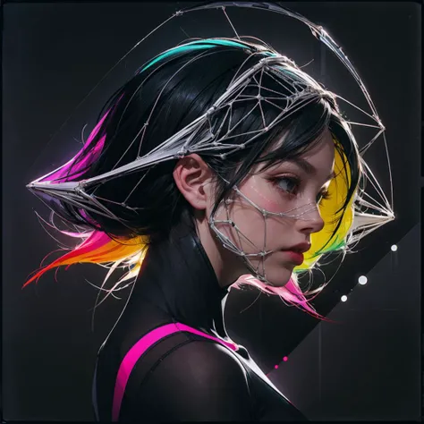 <lora:bb3l15:1>, dark background, Wireframe human silhouette segmented into rainbow hues against a void background, in the style of bb3l15, <lora:add_detail:1>