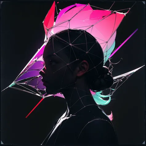 <lora:bb3l15:1>, dark background, Wireframe human silhouette segmented into rainbow hues against a void background, in the style of bb3l15, <lora:add_detail:1>