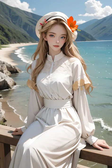 ((masterpiece, best quality)), (((masterpiece, best_quality, highest quality))), (perfect detail, perfect skin:1.2),(highres), original,extremely detailed 8K wallpaper,(an extremely delicate and beautiful),incredibly_absurdres, intricate detail, distinct_image,extremely intricate,(detailed skin:1.3) , best quality:1.2, High definition, intricate details, finely detailed, beautiful detailed, high detailed skin, ((glossy skin)), shiny skin, (white skin:1.3), (pale skin:1.3),(natural light, ray tracing, volumetric light), (top quality), (golden-ratio face, perfect proportioned face, perfectly beautiful:1.3), (reflected diffuse light to face:1.3), (peer proportional face), (peer proportional body, proportional awesome body:1.3), parted lips, ((presenting)), (perfect anatomy, correct limb, correct finger), ((looking at viewer, eye contact)),((eye contact)), 1girl, outdoors, solo, flower, blue eyes, long hair, looking at viewer, long dressï¼hat, ocean, dress, sitting, white flower, sky, bug, hat flower, day, bangs, butterfly, water, long sleeves, blue sky, rock, cloud, orange dress, blonde hair, horizon, orange headwear, hair ornament, closed mouth, smile, hair flower, short sleeves, looking to the side, bird, scenery, mountainous horizon, red headwear, white dress