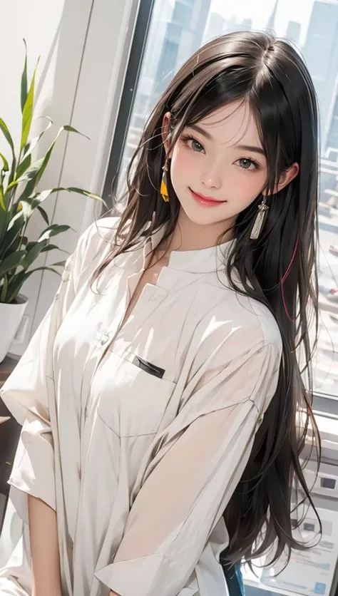 , (long hair:1.2), multicolor hair, smilling, happy,