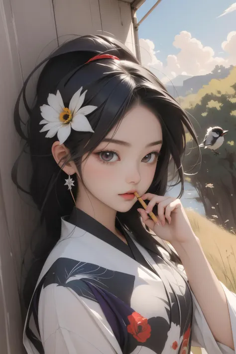 1girl, (comics art designed by Giuseppe Camuncoli:1.1) , artistic wall Graffiti, highly detailed, close-up shot of a Chibi Anime Miserable Charcoal and Rose ([Chickadee|smoked mackerel]:1.3) looking like a pocky, Mind-Bending grass in background, dark white foliage and forest, Hurricane, Wide view, Maximalist, Peaceful, American Scene Painting, Bloom light, F/14, Saturated, Temari, Swirling dark violet, photolab, pixiv