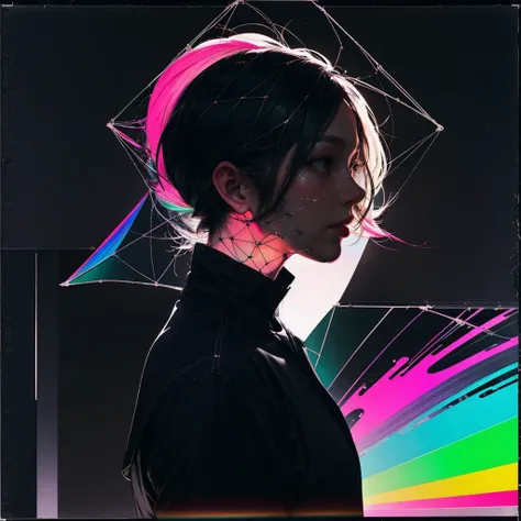 <lora:bb3l15:1>, dark background, Wireframe human silhouette segmented into rainbow hues against a void background, in the style of bb3l15, <lora:add_detail:1>