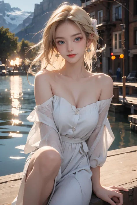 a cute european girl,perfect face,medium perky breasts,detailed background,extremely detailed cg unity 8k wallpaper,highres,shiny skin,pale skin,blush,smile,long hair,blonde hair,earring, large blue eyes,makeup,bokeh,cinematic lighting,white dress, bare shoulder,fullbody, <lora:mountain:0.6>,(mountain,lake)