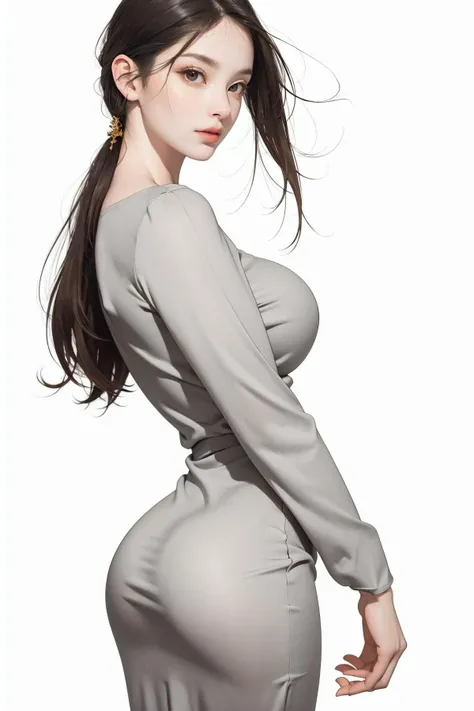 ((masterpiece, best quality)), (((masterpiece, best_quality, highest quality))), (perfect detail, perfect skin:1.2),(highres), original,extremely detailed 8K wallpaper,(an extremely delicate and beautiful),incredibly_absurdres, intricate detail, distinct_image,extremely intricate,(detailed skin:1.3) , best quality:1.2, High definition, intricate details, finely detailed, beautiful detailed, high detailed skin, ((glossy skin)), shiny skin, (white skin:1.3), (pale skin:1.3),(natural light, ray tracing, volumetric light), (golden-ratio face, perfect proportioned face, perfectly beautiful:1.3), (reflected diffuse light to face:1.3), (white background, simple background:1.5), (have the same eye size:1.2), (have the same eye color:1.2), (have the same eye shape:1.2), ((looking at viewer, eye contact)),((eye contact)),(cowboy shot:1.5), 1girl, young , (large breasts:1.3), (GRAY:1.3), (turtleneck:0.7), (tight dress:1.3), (black hair:1.5), (brown eyes:1.5)