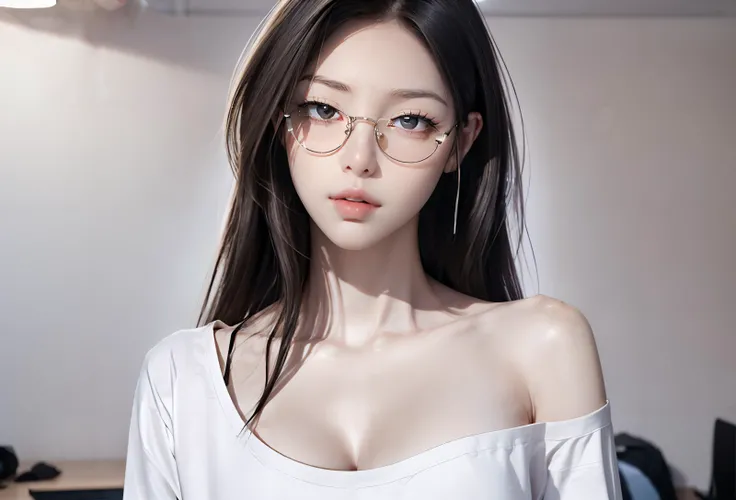 (Best quality:1.4), (masterpiece:1.4), (ultra highres:1.4), (photorealistic:1.4), (realistic:1.4), (ultra realistic:1.4), RAW photo, 8K CG, 8k high definition, HDR, high quality, DSLR,natural lighting, dynamic lighting, professional lighting, realistic shadow, natural shading, soft lighting, cinematic lighting, depth of field, (sharp focus:1.4),
((1girl, solo:1.4)), pretty girl, detailed face, (beautiful elegant face:1.4), ((symmetric eyes, detailed eyes, detailed iris eyes, detailed ears, beautiful nose, high nose , detailed lips, (thin lip:1.6), perfect teeth, detail teeth, detail breast, perfect breasts, supermodel)), ((good anatomy:1.4)),
(cowboy shot:1.6), ((looking at camera:1.4)),
a girl alone In a dark rental room, the computer screen casts a soft blue glow, illuminating a modern workspace. With sleek black furniture and minimalistic decor, the room exudes a contemporary and remote-friendly vibe. Despite its dim appearance, the subtle radiance from the computer screen creates an intimate and intriguing atmosphere, making it a space where technology and style seamlessly converge, dark room,
(a girl wearing single bare shoulder t-shirt long, very long t-shirt, oversized clothes, no pants, cleavage, very deep neck, black hair, long hair, hair over one eye, Transparent glasses, glasses, glasses_on_nose, red cheeks:1.4),
<lora:zoom_slider_v1:-5.0>,
<lora:weight_slider_v2:0.0>,
<lora:oppai_control_v1.0:0.0>,
<lora:hairdetailer:1.0>,
<lora:eyeliner_v1:1.1>,
<lora:Single bare shoulder shirt:1.0>,
<lora:MiaCha_SC_R768:0.85>