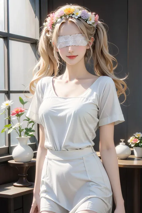 <lora:HeadWreath+LaceBlindfold:1>,(nsfw),((white lace blindfold,flowers head wreath)),1girl,smile,t-shirt,skirt,upper body,standing,(twintails,blonde hair, long hair),(cowboy shot),(masterpiece,high quality,best quality),(colorful),(delicate eyes and face),volumatic light,ray tracing,extremely detailed CG unity 8k wallpaper,solo,indoors,vase,decorations,living room,
