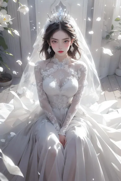 (nsfw:1.1),best quality,masterpiece,intricate detail,depth of field,highest quality,extremely detailed,high res,4k,ultra high res,detailed shadow,ultra realistic,realistic,
1girl,solo,detailed face,realistic skin,longhair,blush,tears,medium breasts,real hands,
(white wedding dress:1.1),(white petals throne:1.1),<lora:JAY-WHITE PETALS THRONE:0.6>,(lace and translucent:1.1),
sitting on stairs,full body,(from_above:1.1),looking at viewer,white background,crystal,<lora:add_detail:0.6>,