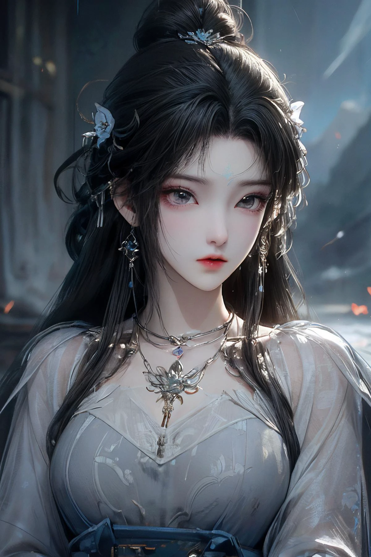 <lora:QingYi:1>,qingyi,1girl,jewelry,hair ornament,earrings,solo,long hair,sky,night,necklace,dress,upper body,forehead mark,hair bun,black hair,facial mark,white dress,night sky,expressionless,blurry background,single hair bun,blurry,closed mouth,chinese clothes,hair flower,flower,<lora:MoXinV1:0.2>,shuimobysim,wuchangshuo,bonian,zhenbanqiao,badashanren,<lora:wrenchmandarincharm:0.2>,wrenchmandarincharm,hanfu,<lora:GoodHands-beta2:0.1>,<lora:Add More Detailsç»èè°æ´:0.3>,<lora:anxiang:0.1>,, best quality , masterpiece, illustration, an extremely delicate and beautiful, extremely detailed ,CG,unity,8k wallpaper, Amazing, finely detail, masterpiece, best quality,official art,extremely detailed CG unity 8k wallpaper,absurdres, incredibly absurdres, huge filesize , ultra-detailed, highres, extremely detailed,beautiful detailed girl, extremely detailed eyes and face, beautiful detailed eyes,light on face,