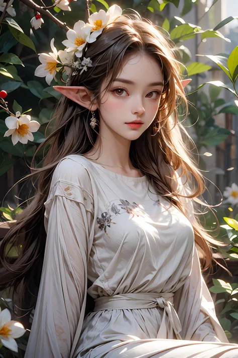 masterpiece,best quality,high details,Realism,volumeric light,ray tracing,jungle,garden of eden,1girl,elf,pointy ears,beauty,beautiful detailed face,beautiful detailed eyes,((red eyes)),long hair,blonde hair,outdoors,white tulle dress,flowers on head,smile,sitting on branch,singing,birds on shoulder,<lora:add_detail:0.8>,