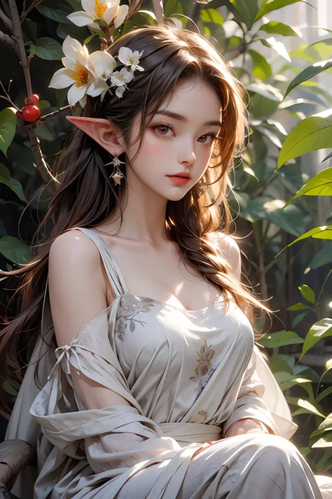 masterpiece,best quality,high details,Realism,volumeric light,ray tracing,jungle,garden of eden,1girl,elf,pointy ears,beauty,beautiful detailed face,beautiful detailed eyes,((red eyes)),long hair,blonde hair,outdoors,white tulle dress,flowers on head,smile,sitting on branch,singing,birds on shoulder,<lora:add_detail:0.8>,