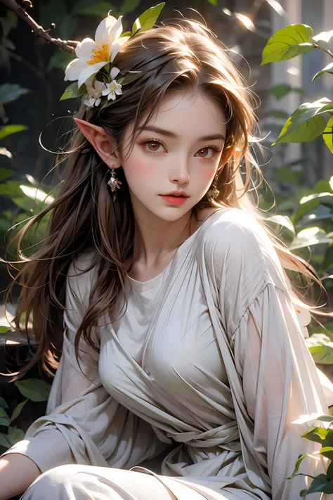 masterpiece,best quality,high details,Realism,volumeric light,ray tracing,jungle,garden of eden,1girl,elf,pointy ears,beauty,beautiful detailed face,beautiful detailed eyes,((red eyes)),long hair,blonde hair,outdoors,white tulle dress,flowers on head,smile,sitting on branch,singing,birds on shoulder,<lora:add_detail:0.8>,