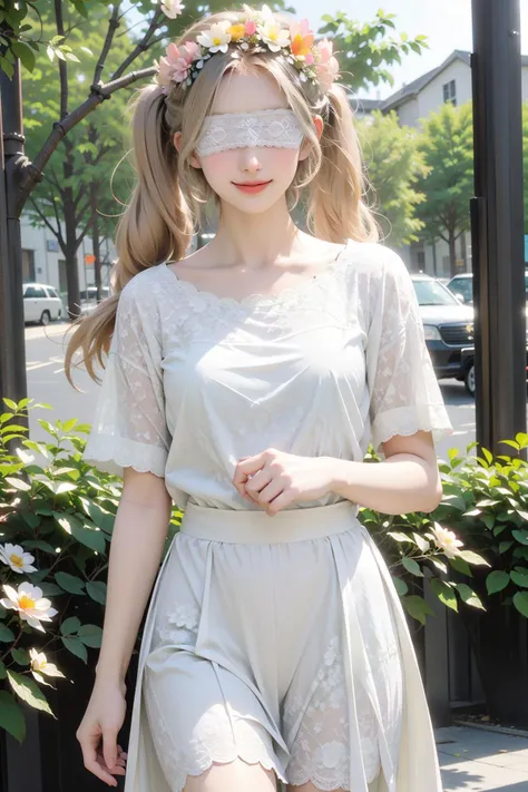 <lora:HeadWreath+LaceBlindfold:1>,(nsfw),((white lace blindfold,flowers head wreath)),1girl,smile,t-shirt,skirt,upper body,standing,(twintails,blonde hair, long hair),(cowboy shot),(masterpiece,high quality,best quality),(colorful),(delicate eyes and face),volumatic light,ray tracing,extremely detailed CG unity 8k wallpaper,solo,outdoors,town,houses,paths,trees,