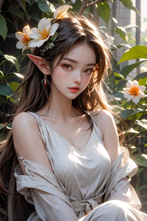 masterpiece,best quality,high details,Realism,volumeric light,ray tracing,jungle,garden of eden,1girl,elf,pointy ears,beauty,beautiful detailed face,beautiful detailed eyes,((red eyes)),long hair,blonde hair,outdoors,white tulle dress,flowers on head,smile,sitting on branch,singing,birds on shoulder,<lora:add_detail:0.8>,