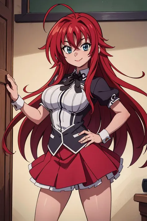 ((masterpiece,best quality)), absurdres, long hair, <lora:rias-dxd:0.7>, rias gremory, school uniform, red skirt, solo, smiling, looking at viewer, cowboy shot, cinematic composition, dynamic pose, contrapposto,