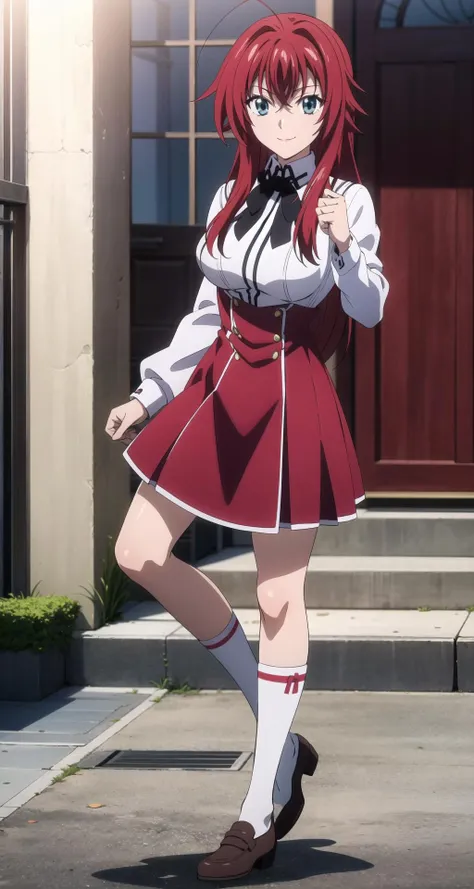 (((picture perfect))), (absurdres), 1girl, solo, <lora:rias-dxd:0.8>, rias gremory, school uniform, red skirt, looking at viewer, smile
