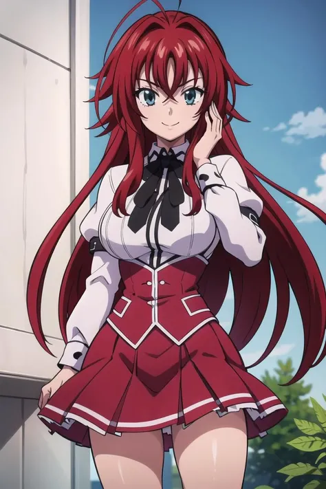 (((picture perfect))), (absurdres), 1girl, solo, <lora:rias-dxd:0.8>, rias gremory, school uniform, red skirt, looking at viewer, smile