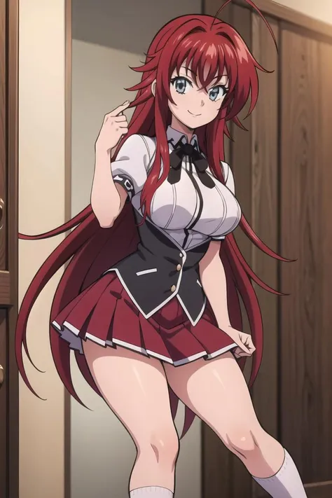 (((picture perfect))), (absurdres), 1girl, solo, <lora:rias-dxd:0.8>, rias gremory, school uniform, red skirt, looking at viewer, smile