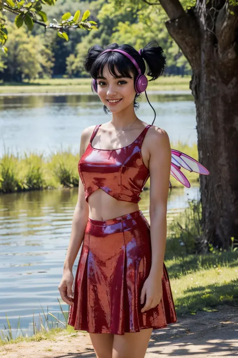 Musa, short twin tails, bangs, black hair, black eyes, FairyOutfit, red dress, red skirt, simple blue fairy wings, purple headphones, sparkling clothing, looking at viewer, smiling, standing, outside, forest, lake, trees, sunny, high quality, masterpiece, <lora:WinxClubMusa:.8>