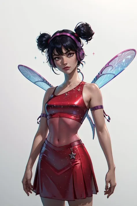 (Musa), (short twin tails, bangs, black hair, black eyes), (fairyoutfit), (red dress, red skirt, simple fairy wings, purple headphones, sparkling clothing), (white background, solid white background:1.2), (realistic:1.2), (masterpiece:1.2), (full-body-shot:1),(Cowboy-shot:1.2), neon lighting, dark romantic lighting, (highly detailed:1.2),(detailed face:1.2), (gradients), colorful, detailed eyes, (natural lighting:1.2), (neutral standing pose:1.2), (solo, one person, 1girl:1.5),<lora:WinxClubMusa-10:0.9> <lora:add_detail:0.15> <lora:hipoly3DModelLora_v10:0.05> <lora:RSERomantic_RSESofiko_RSEEmma-v1:0.1> <lora:BeautifulEyes:0.65>