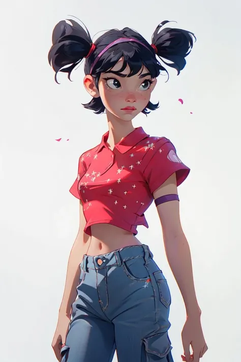 (Musa), (short twin tails, bangs, black hair, black eyes, asian), (casualoutfit), (red croptop, baggy cargo jeans, arm band), (white background, solid white background:1.2), (realistic:1.2), (masterpiece:1.2), (full-body-shot:1),(Cowboy-shot:1.2), neon lighting, dark romantic lighting, (highly detailed:1.2),(detailed face:1.2), (gradients), colorful, detailed eyes, (natural lighting:1.2), (neutral standing pose:1.2), (solo, one person, 1girl:1.5),<lora:WinxClubMusa-10:0.9> <lora:add_detail:0.15> <lora:hipoly3DModelLora_v10:0.05> <lora:RSERomantic_RSESofiko_RSEEmma-v1:0.1> <lora:BeautifulEyes:0.65>