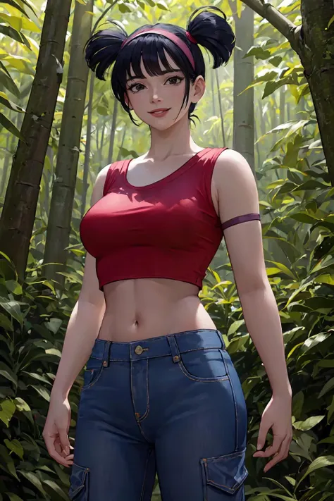 masterpiece, best quality, ultra-detailed, Musa, ((milf, mature face, tall)), short twin tails, bangs, black hair, black eyes, casualoutfit, red croptop, cargo jeans, arm band, standing, smile, in a forest, realistic, cowboy shot, volumetric lighting, intricate details, tonemapping, sharp focus, hyper detailed,  <lora:WinxClubMusa:1>