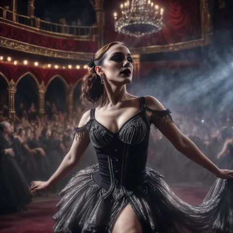 gothic dancer in the theater, extreme details, photorealistic, cinematic, masterpiece<lora:moulinrouge:1.5>