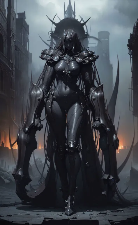 (style of jean delville). ,beaytiful woman emerges from the black fog, Intricate, High Detail, Sharp focus, dramatic, gantz-advancedsuit,<lora:gantz-advancedsuit_v10:1> ,Slim and muscular physique,Panorama of the Medieval. city,dark smork,bloodyface,