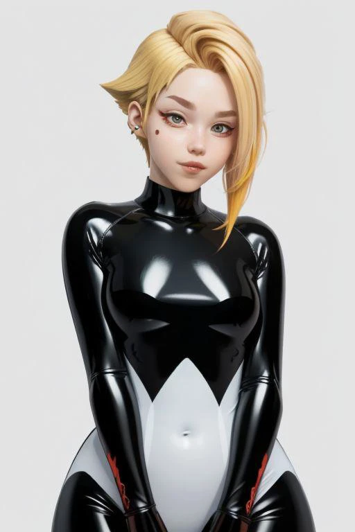 <lora:shirogane-02:1.4> shirog4n3, parted lips, upper body, undercut, blonde hair, asymmetrical hair, latex bodysuit, eyebrow piercing, (cartoonish style), flat color style, ((ultra detailed, smooth, comic style)), easynegative