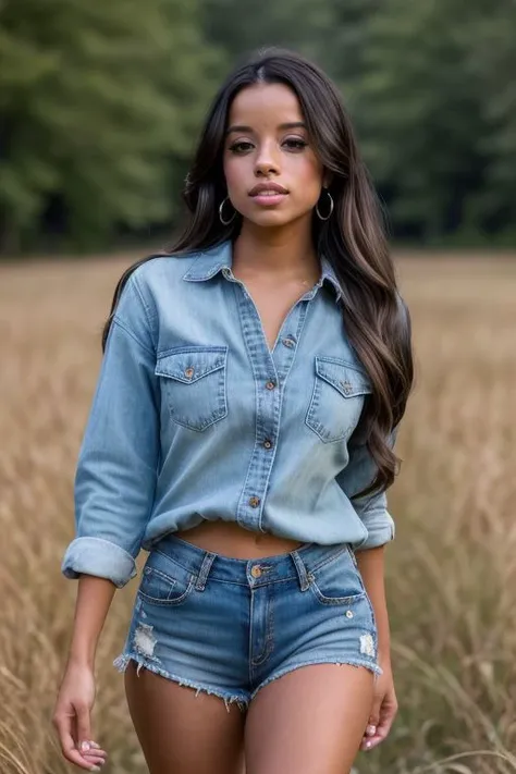 DEN_lupe_fuentes,
walking through a tallgrass meadow wearing Jean shorts and plaid shirt, meadow, wild, overgrown, walking,,
bokeh, f1.4, 40mm, photorealistic, raw, 8k, textured skin, skin pores, intricate details  <lora:epi_noiseoffset2:1>, epiCRealism