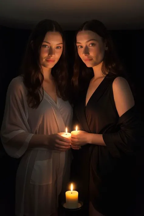 DEN_maddison_twins, 2girls
in a dark room in (pitch black:1.2) amongst a (candle light vigil:1.2), (candles:1.1), (candle light:1.1), (pitch black room:1.2), (darkness:1.1), wearing a (sheer robe:1.1), robe, sheer, (lots of candles:1.2)
bokeh, f1.4, 40mm, photorealistic, raw, 8k, textured skin, skin pores, intricate details <lora:epi_noiseoffset2:1>, epiCRealism, <lora:ClothingAdjuster3:-0.8>