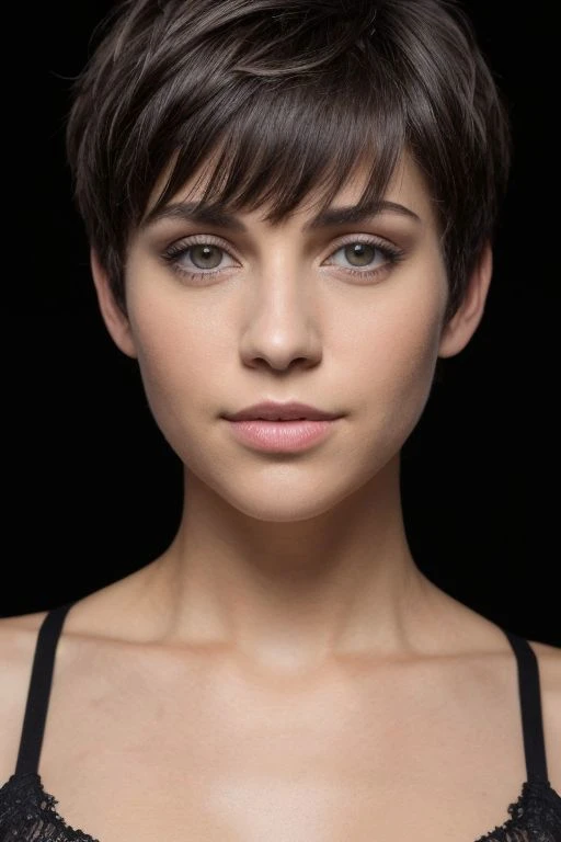 portrait of 1girl,
pixie cut hair, pixie cut, bob, shaggy pixie cut covering the left eye with highlight tips,
(headshot:1.2) portrait on a (plain black background:1.2), (headshot:1.2), (face focus:1.1), (facing the camera:1.2), Head in the centre, (eye contact:1.3), (intense stare:1.1), mouth open, (facing straightforward:1.2), (forward facing:1.1), Head, face, Head focus, Head tilted down, looking slightly up at the camera,
bokeh, f1.4, 40mm, photorealistic, raw, 8k, textured skin, skin pores, intricate details,