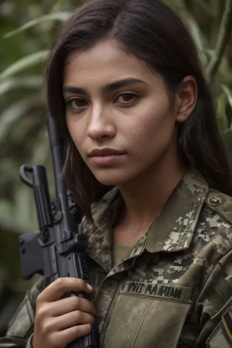 portrait of 1girl,
a (soldier:1.1) in the jungle on manoeuvrers wearing (army fatigues:1.2) and holding a rifle, (camouflage:1.2), military, uniform, military, camouflage uniform,
bokeh, f1.4, 40mm, photorealistic, raw, 8k, textured skin, skin pores, intricate details,