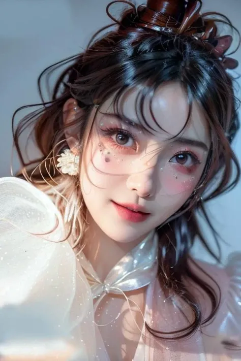 (TraceryStyle), (masterpiece:1.2) (ultra-detailed), (Best Lighting for Movie Lighting), (particle light effect), beautiful girl, (detailed beautiful face:1.2), (half body) blush, smile, look at the viewer, (powder blusher, smile, Bubble, lifelike light), hi-res,4k, extremely delicate and beautiful art, pastel color, beautiful detailed eyes, clear simple background, in the style of dark Fluorescent, light bronze and indigo, lith printing, over, high contrast, (black) style <lora:模å-000150_1706384551609044:1>