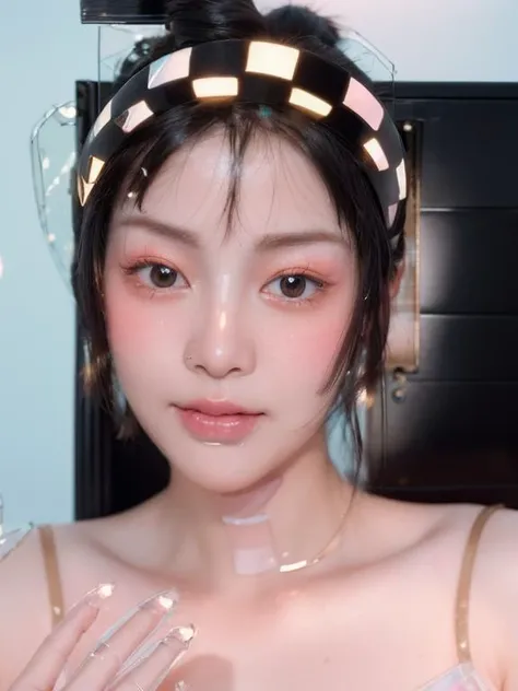 (masterpiece:1.2) (ultra-detailed), (Best Lighting for Movie Lighting), (particle light effect), (((TraceryWallpaper))), elegant pose, faced K-pop girl's face, beautiful hands , (detailed beautiful face:1.2), blush, smile, look at the viewer, (powder blusher, smile, Bubble, lifelike light, very detailed CG unified 8k wallpaper), hi-res,4k, extremely delicate and beautiful art, pastel color, anime, beautiful detailed eyes,(((clear background: 1.5))), in the style of dark Fluorescent, light bronze and indigo, lith printing, over, high contrast, ((light black)) <lora:TraceryWallpaper_v2_1704868755402135:0.8>