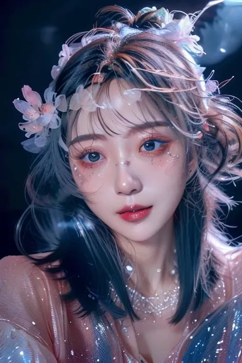 (TraceryStyle ), (masterpiece:1.2) (ultra-detailed), (Best Lighting for Movie Lighting), (particle light effect), beautiful woman, (detailed beautiful face:1.2), blush, smile, look at the viewer, (powder blusher, smile, Bubble, lifelike light, very detailed CG unified 8k wallpaper), hi-res,4k, extremely delicate and beautiful art, pastel color,anime, beautiful detailed eyes, clear simple background, in the style of dark Fluorescent, (light on red and blue), light bronze and indigo, lith printing, over, high contrast (light blue) style <lora:模å-000300_1706391408617756:0.8>