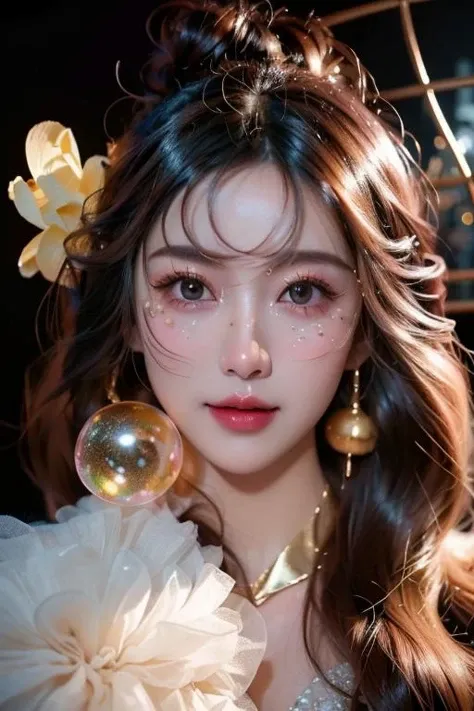 (TraceryStyle), (masterpiece:1.2) (ultra-detailed), (Best Lighting for Movie Lighting), (particle light effect), beautiful girl, (detailed beautiful face:1.2), (half body) blush, smile, look at the viewer, (powder blusher, smile, Bubble, lifelike light), hi-res,4k, extremely delicate and beautiful art, pastel color, beautiful detailed eyes, clear simple background, in the style of dark Fluorescent, light bronze and indigo, lith printing, over, high contrast, (golden) style      <lora:æ¨¡å-000150_1706384551609044:0.8>