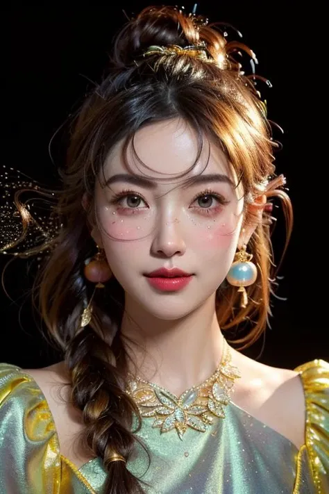 (TraceryStyle), (masterpiece:1.2) (ultra-detailed), (Best Lighting for Movie Lighting), (particle light effect), beautiful girl, (detailed beautiful face:1.2), (half body) blush, smile, look at the viewer, (powder blusher, smile, Bubble, lifelike light), hi-res,4k, extremely delicate and beautiful art, pastel color, beautiful detailed eyes, clear simple background, in the style of dark Fluorescent, light bronze and indigo, lith printing, over, high contrast, (golden) style      <lora:æ¨¡å-000150_1706384551609044:0.6>