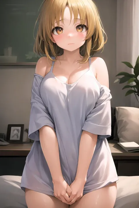 ((masterpiece)), (best quality), (detailed), (1 girl), <lora:2R 12E CosineRestart Animefullpruned Locon Lycoris:0.8>, <lora:oversizedShirt_v10:0.8>,oversized shirt, white shirt, off shoulder,<lora:breastSqueezeElbow_v20:0.9>,arms down,breasts squeezed together,elbow squeeze