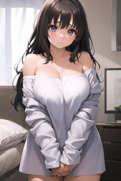 ((masterpiece)), (best quality), (detailed), (1 girl), <lora:2R 12E CosineRestart Animefullpruned Locon Lycoris:0.8>, <lora:oversizedShirt_v10:0.8>,oversized shirt, white shirt, off shoulder,<lora:breastSqueezeElbow_v20:0.9>,arms down,breasts squeezed together,elbow squeeze