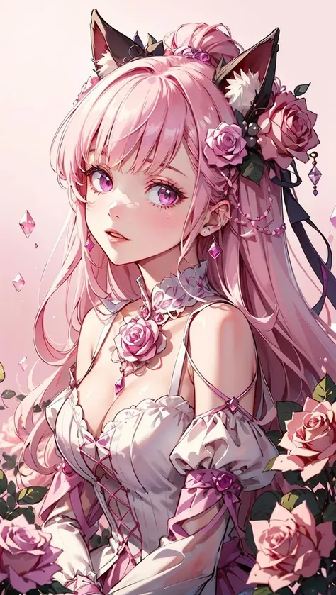 <lora:RoseQuarzAI_style-000010:0.6>  (RoseQuarzAI, rose, gems:1.2) Trippy anime wonderland character pink background dominant pink and purple colors halloweens cheshire cat perfect face, hyper realistic face, intricate, detailed, (masterpiece)