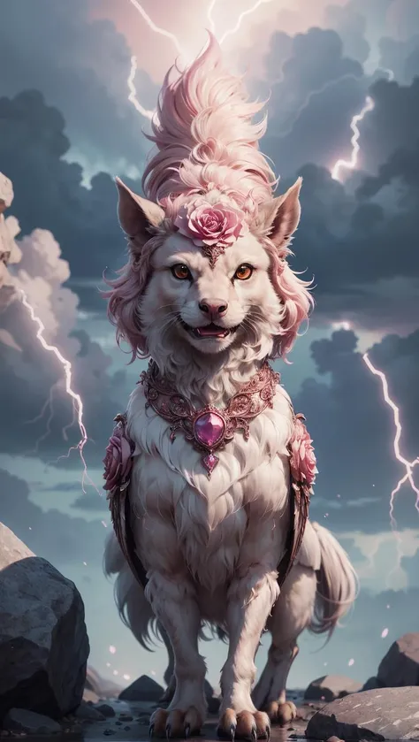 <lora:RoseQuarzAI_style-000010:0.6> (RoseQuarzAI, rose, gems:1.2) Thunderclap gryphon description the thunderclap gryphon is a stormy avian creature with feathers that bristle with electricity, experience the physics of lightning as it courses through its electrifying plumage, perfect face, hyper realistic face, intricate, detailed, (masterpiece)