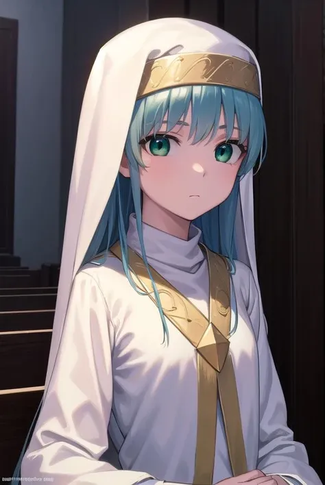 index, <lora:index-lora-nochekaiser:1>,
index, (green eyes:1.5), blue hair, long hair, (flat chest:1.2),
BREAK habit, long sleeves, nun, robe, white robe, wide sleeves,
BREAK looking at viewer,
BREAK indoors, church,
BREAK <lyco:GoodHands-beta2:1>, (masterpiece:1.2), best quality, high resolution, unity 8k wallpaper, (illustration:0.8), (beautiful detailed eyes:1.6), extremely detailed face, perfect lighting, extremely detailed CG, (perfect hands, perfect anatomy),