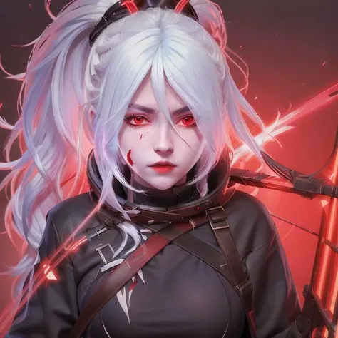a woman wearing a black jacket and red shirt holding a crossbow, best quality, intricate details, chromatic aberration, hand drawn, 1girl, white hair, red highlights, red eyes, sharp eyes, choker, neon shirt, torn legwear, open jacket, (simple background, white background:1.3) <lora:drowranger:0.7>
