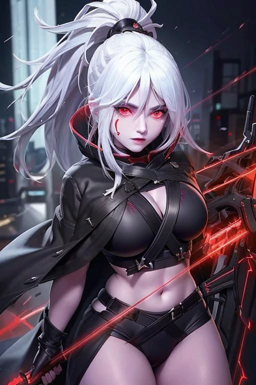 a woman wearing a black jacket and red shirt holding a crossbow, best quality, intricate details, chromatic aberration, hand drawn, 1girl, white hair, red highlights, red eyes, sharp eyes, choker, neon shirt, torn legwear, ((modern city background)) <lora:drowranger:0.7>