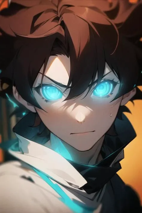masterpiece, best quality, high quality, 1boy, solo, male focus, looking at viewer, upper body, <lora:leonardo_watch:0.74>, leonardo_watch, brown hair, blue eyes, glowing, ,