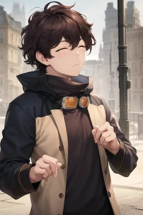 masterpiece, best quality, high quality, 1boy, solo, male focus, looking at viewer, upper body, <lora:leonardo_watch:0.78>, leonardo_watch, brown hair, closed eyes, realistic, coat