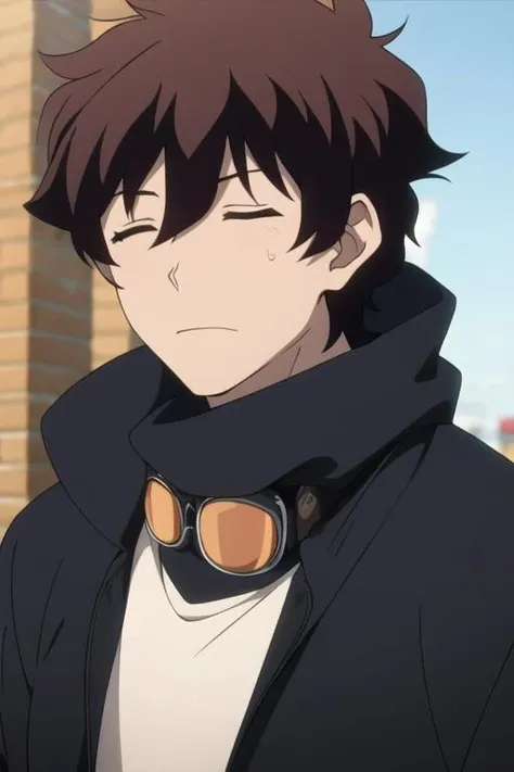 masterpiece, best quality, high quality, 1boy, solo, male focus, looking at viewer, upper body, <lora:leonardo_watch:0.76>, leonardo_watch, brown hair, closed eyes, , jacket